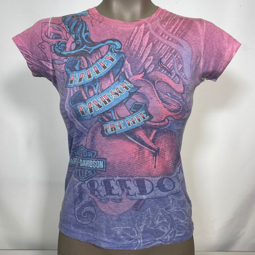 Harley Davidson Ride Free Purple Pink Burnout Biker Shirt Women's SMALL